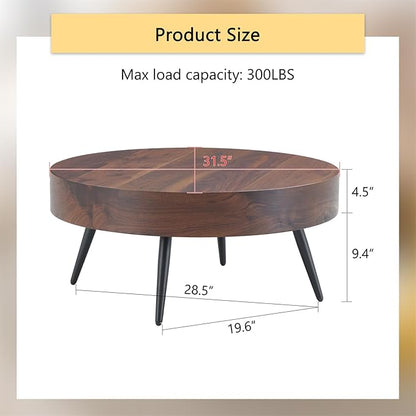 LKTART Coffee Table for Living Room, Round Wood Coffee Tables with Storage, Modern Metal Accent Center Tea Table for Apartment Small Space (31Inch-Walnut)