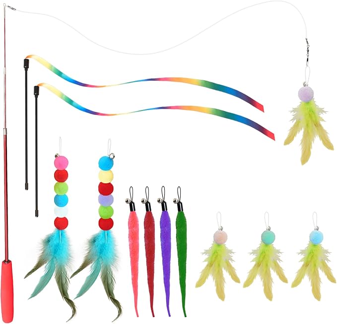 Cat Toys for Indoor Cats, 13 Packs Interactive Cat Wand Toy Set with Feather Toys & Teasers, Fun Cat Toys for Exercise, Playtime and Boredom Relief