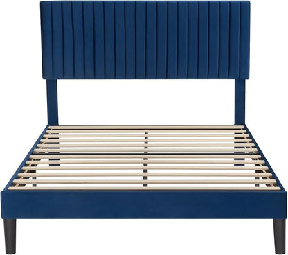 Allewie Queen Bed Frame, Velvet Upholstered Platform Bed with Adjustable Vertical Channel Tufted Headboard, Mattress Foundation with Strong Wooden Slats, Box Spring Optional, Easy Assembly, Navy Blue