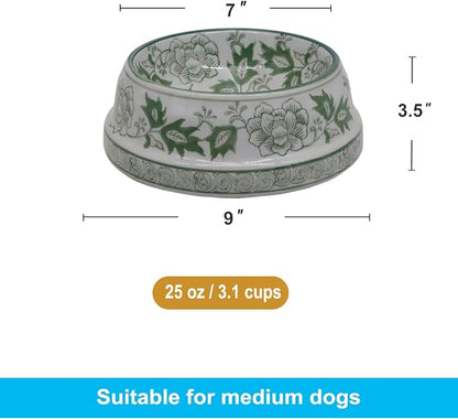 Aimusego Ceramic Green & White Dog Bowl 9inch Chinoiserie Hand Painted Pet Food Water Bowls, Dogs Cat Dish for Medium and Large Pet, Puppy-25OZ