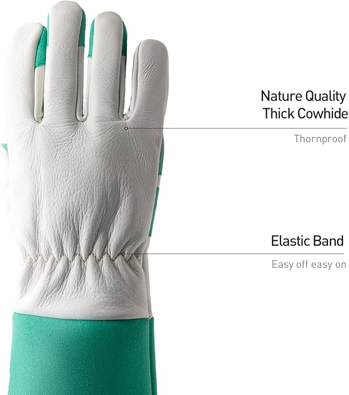 HANDLANDY Long Gardening Gloves for Men & Women, Thorn Proof Rose Pruning Gloves Leather Gauntlets Garden Glove Yard Work Glove (XS, Green)