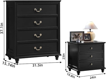 24" Wide Farmhouse Nightstand Set of 2, 54" 7 Drawers Dresser, 37" Tall Rustic Chests of Drawers w/ 4 Solid Wood Feet, Farmhouse Furniture Series for Living Room,Bedroom,Black