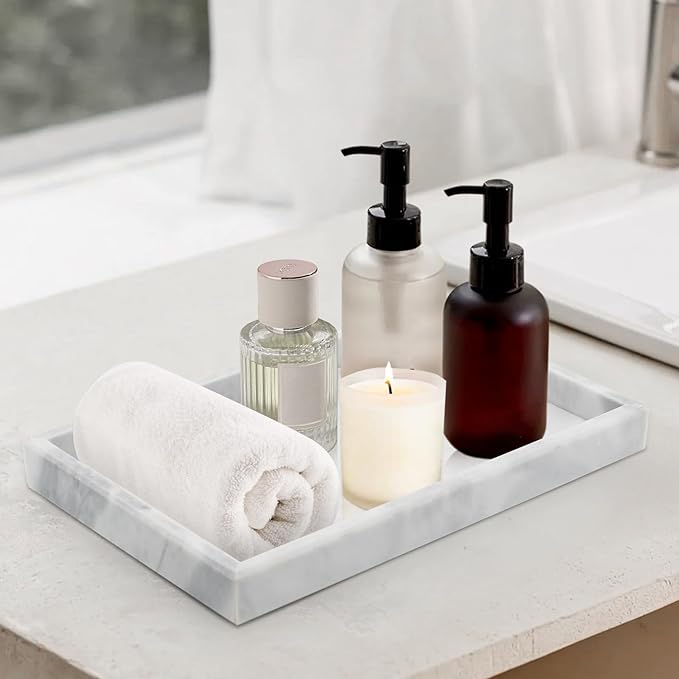 Marble Bathroom Tray,Pure Natural Marble Vanity Tray,Marble Tray for Kitchen Counter Non-Ceramic/Non-Resin,Stone Tray 12 x 8 inch (White)
