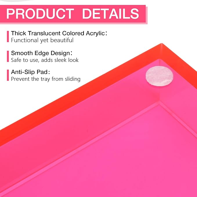 Acrylic Tray 5mm Thicken for Vanity Makeup, Perfume, Jewelry Holder, Napkin, Neon Pink 12x6'' 5Decorative Serving Tray for Bathroom, Toilet Tank, Sink Countertop, Living Room,Dresser, Coffee Table