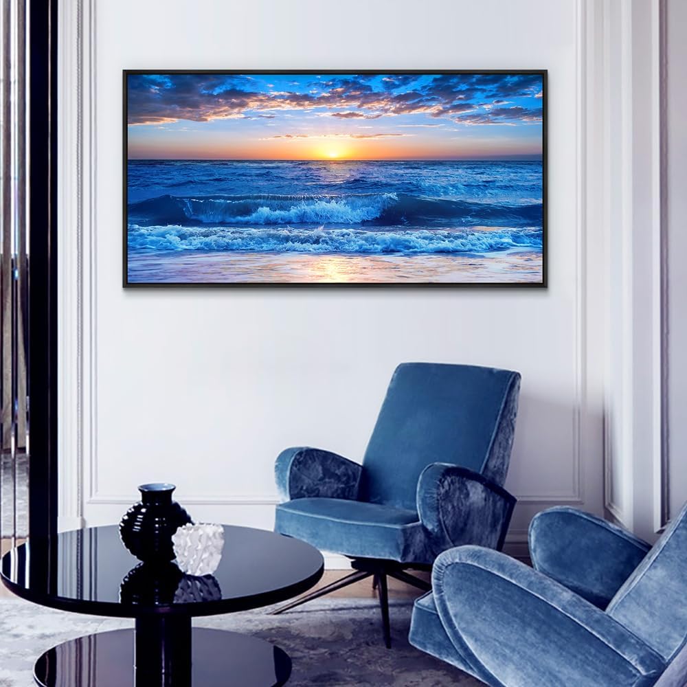 Wapluam Black Framed Canvas Wall Art For Living Room Large Wall Decor For Bedroom Office Wall Decorations Blue Ocean Beach Wall Painting Sunny Sea View Wave Wall Pictures Artwork Room Home Decor
