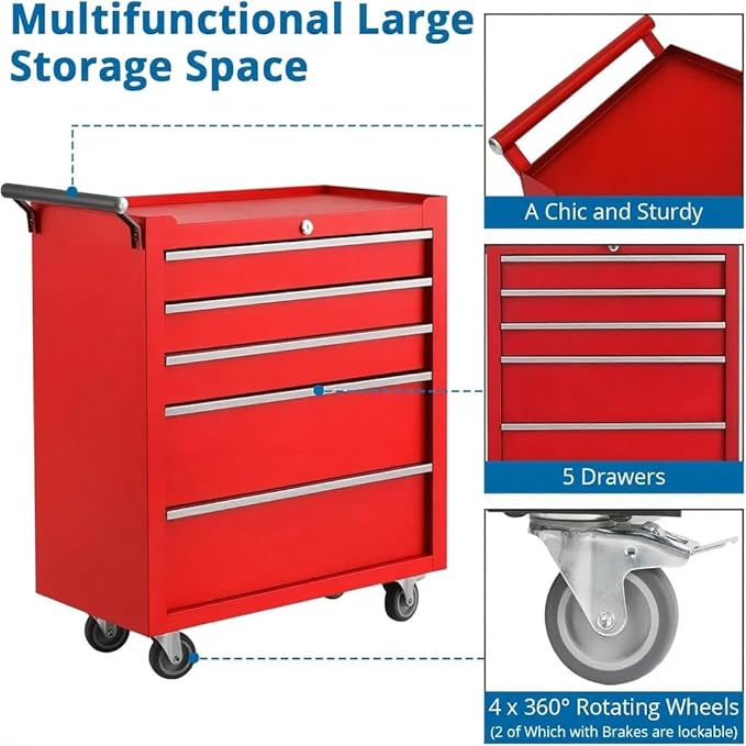 IDEALHOUSE Rolling Tool Chest, 5 Drawers Tool Storage Cabinet, Toolbox