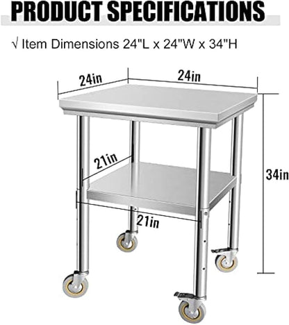 Stainless Steel Table - Metal Table Cart - Commercial Workbench with Caster Wheel - NSF Certified - for Restaurant, Warehouse, Home, Kitchen, Garage,24''x24''