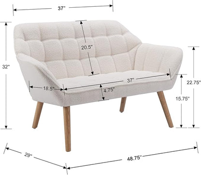 QUINJAY 48" Small Loveseat Sofa, Modern Sherpa Mini Sofa Couch 2-Seater Fluffy Love Seat with Quilting Backs and Wood Legs for Living Room, Bedroom and Small Space, White