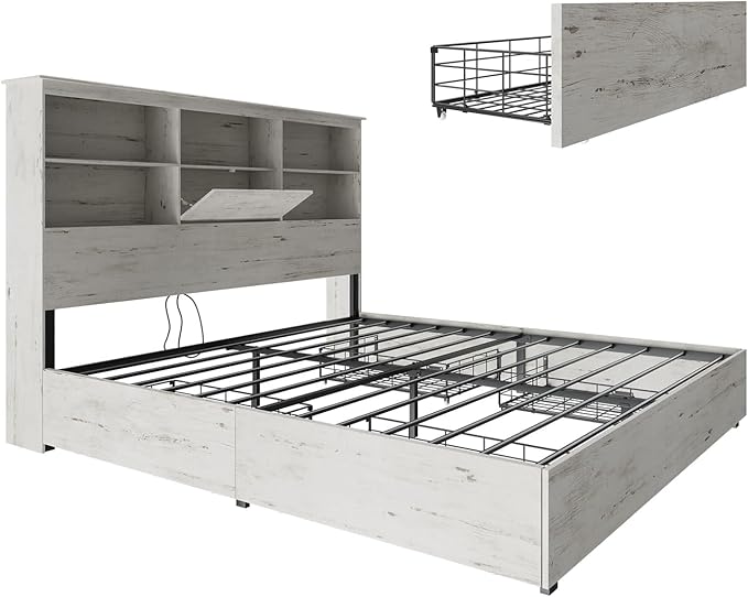 AMERLIFE Farmhouse King Size Bed Frame with 51.2" LED Storage Bookcase Headboard, Solid Wooden Platform Bed with 4 Drawers & Charging Station, Distressed White, No Box Spring Needed, Noise-Free