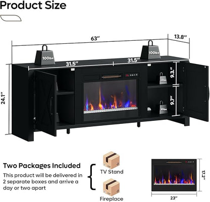 Bestier 63" Fireplace TV Stand for TVs Up to 70", Farmhouse Barn Door