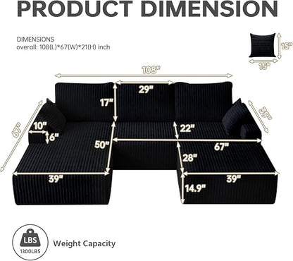 108" U Shaped Sectional Couch with Ottoman, Corduroy Modular Sectional Sofa with Deep Seat, Modern Modular L-Shape Sofa Couch with Chaise,Upholstered Boneless Couches for Living Room Bedroom