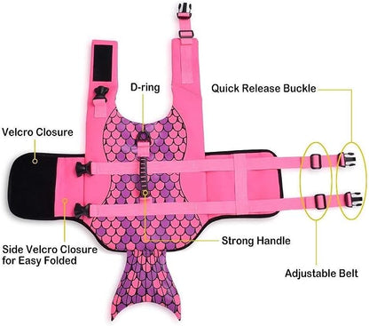 Dog Life Jacket Ripstop Shark Dog Safety Vest Adjustable Preserver with High Buoyancy and Durable Rescue Handle for Small,Medium,Large Dogs, Pink Fish Medium