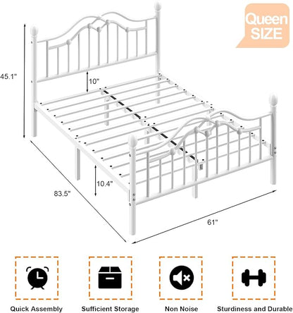Queen Size Bed Frame, Metal Platform Bed with Victorian Headboard and Footboard, Strong Metal Slats Support, Mattress Foundation No Box Spring Needed, Easy Assembly, Noise Free, White