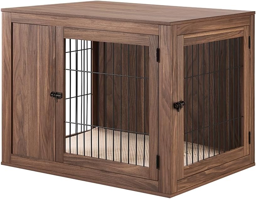unipaws 38.5 Inch Furniture Style Dog Crate for Medium Large Dogs, Indoor Aesthetic Dog Stuff Kennel, Modern Decorative Wood Wire Cage, Pretty Cute End Side Table Nightstand, Walnut