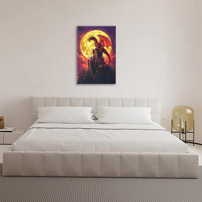 Dragon Bathroom Pictures Wall Art, Red Dragon Castle Bathroom Wall Decor, Framed Painting Canvas Artwork for Bedroom Living Room Decorations 24"L x 16"W