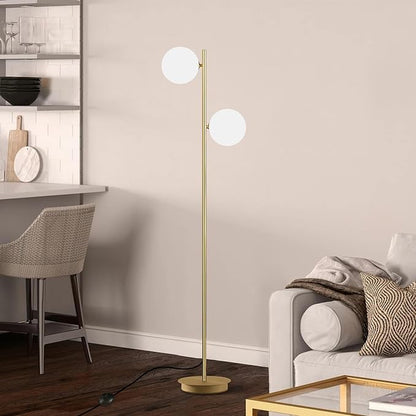 2 Light Mid Century Modern Floor Lamp for Living Room Retro Vintage Tall Standing Lamp with Frosted Glass Globe Shade Brass Floor Lamps for Office Hotel Bedroom