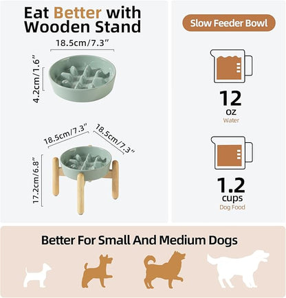 Ceramic 1.2 Cup Dog Raised Slow Feeder Set, Elevated Bowl
