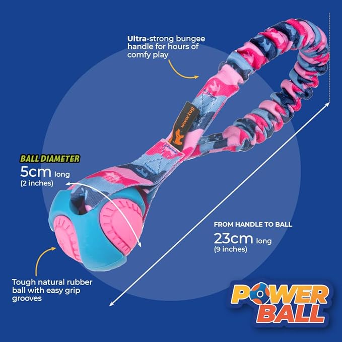 Tug-E-Nuff Pocket PowerBall Bungee | Shock Absorbing Bungee Handle | Durable Ball Toy for Dogs | Ideal for Interactive Dog Training and Dogs of All Ages | 23 cm (9 inches) in Size