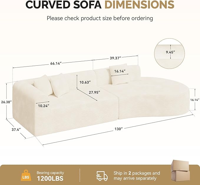 128" Oversized Modern Curved Sofa,Boneless Cloud Sectional Couch with Deep Seat,No Assembly Required Corduroy Couches for Living Room,Beige,1 PCS