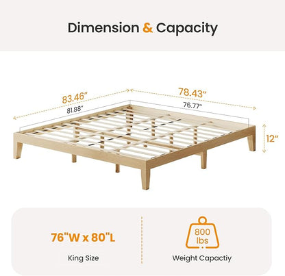 King Size Wood Platform Bed Frame, 12 Inch Solid Wood Bed Frame with Wooden Slats, No Box Spring Needed, Easy Assembly, Rustic Pine
