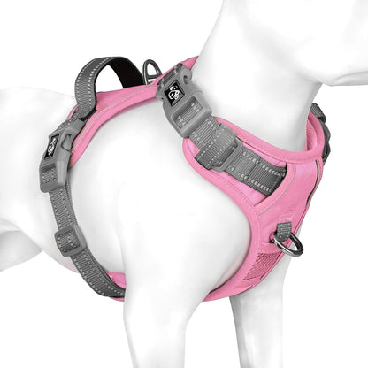 PHOEPET No Pull Dog Harness, Unique Colors Reflective Adjustable Dog Vest, with Soft Training Handle Metal Clips for Small Medium Large Dogs (Baby Pink Base & Grey Straps,L)