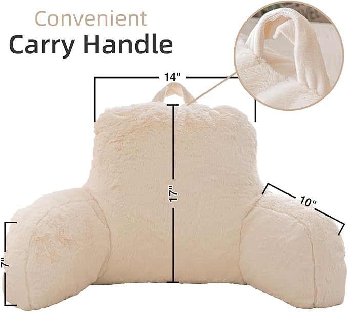 A Nice Night Faux Fur Reading Pillow Bed Wedge Large Adult Children Backrest with Arms Back Support for Sitting Up in Bed/Couch for Bedrest,Ivory