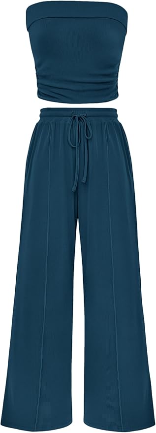 PRETTYGARDEN Womens Summer Outfits 2 Piece Sets Casual Ribbed Knit Crop Tube Top Wide Leg Pants Spring Matching Lounge Set