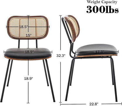 HOCEWI Rattan Dining Chairs Set of 4, Mid Century Modern Dining Chairs with Cane Back for Kitchen Dining Room, 19 Inch Faux Leather Black