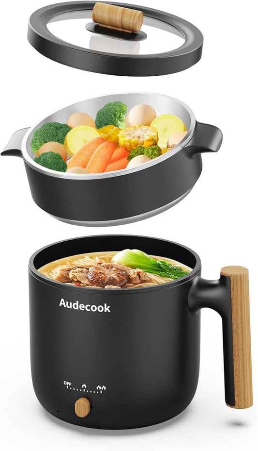 Audecook Hot Pot Electric with Steamer, 1.8L Portable Mini Travel Cooker