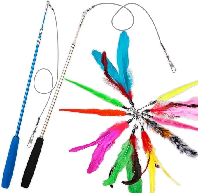 Cat Toys Feather Toy, 2PCS Retractable Wand and 10PCS Replacement Teaser with Bell Refills, Interactive Catcher and Funny Exercise for Kitten.