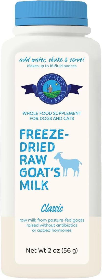 Shepherd Boy Farms Freeze Dried Raw Goats Milk with Probiotics for Dogs & Cats (Classic), High Protein Digestible Goat Milk for Sensitive Stomachs, Food Topper, Dog Camping Essentials - Makes 16 FL OZ