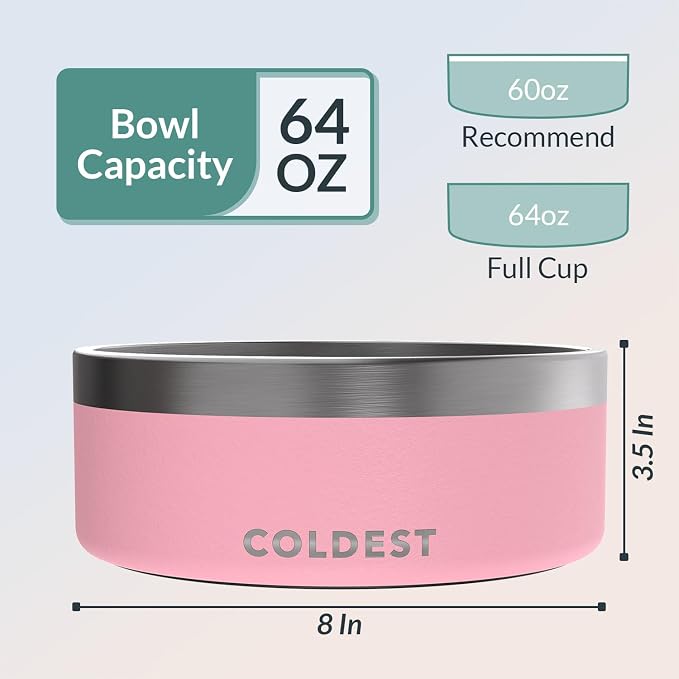Coldest Dog Bowl - Anti Rust Metal, Non Slip, 3 Layers Insulated Stainless Steel Dog Bowls - Spill Proof & Heavy Duty - Water Bowl for Dogs, Cats & Pets, Dish Washer Safe (64 oz,Cotton Candy Pink)