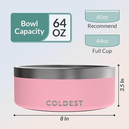 Coldest Dog Bowl - Anti Rust Metal, Non Slip, 3 Layers Insulated Stainless Steel Dog Bowls - Spill Proof & Heavy Duty - Water Bowl for Dogs, Cats & Pets, Dish Washer Safe (64 oz,Cotton Candy Pink)