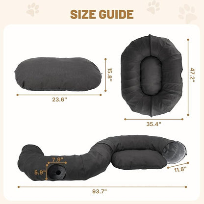 Extra Large Cat Tunnel, Cooling Natural Linen Big Tunnel for Cats 47.2in | Multi-Cat Family Long Cat Tunnel Bed with Washable Mat, Breathable & Durable Big Cat Tunnel for Cats, Dark Grey