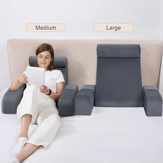 ENITYA Reading Pillow with Arms for Bed Support, 21" Large Back Support Pillow for Sitting up, Wedge Pillow for Reclining, Watching TV, Reading, Gaming, Resting in Bed, Couch or Floor, Grey