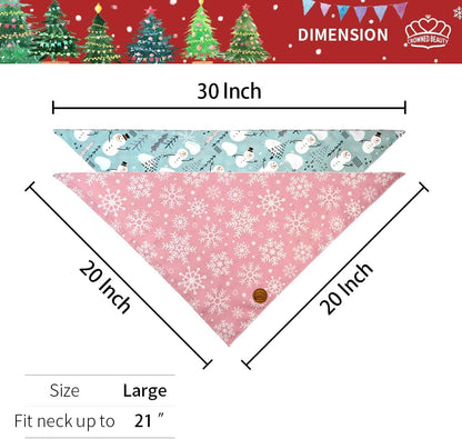 CROWNED BEAUTY Christmas Dog Bandanas Reversible Large 2 Pack, Winter Whimsy Set, Adjustable Triangle Scarves for Medium Large Extra Large Dogs Girl Boy Pets DB80-L