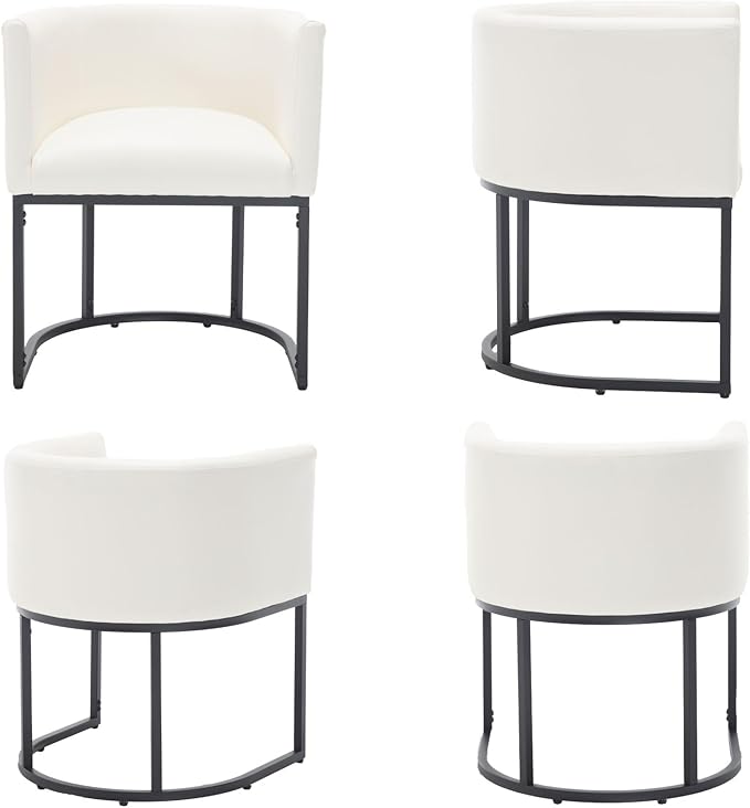 VESCASA Faux Leather Upholstered Dining Chairs with Barrel Back, Modern Padded Restaurant Chairs with Black Metal Frame for Kitchen, Dining Room, Set of 2, White