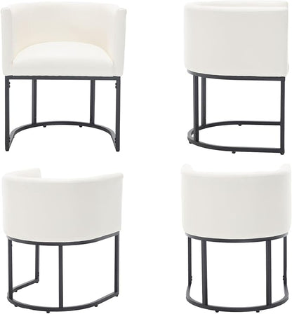 VESCASA Faux Leather Upholstered Dining Chairs with Barrel Back, Modern Padded Restaurant Chairs with Black Metal Frame for Kitchen, Dining Room, Set of 2, White