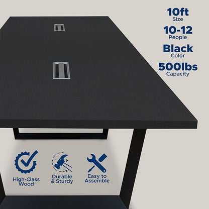 ahliss Sturdy Conference Table with Cable Management Grommets Modern Rectangle Office Meeting Table with Wood Tabletop and Metal Frame & Legs- Easy Assembly Boardroom Table (Black, 10 Foot)
