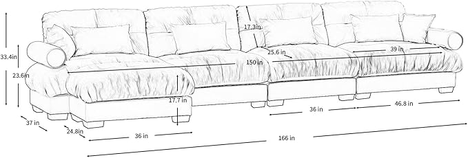 166" Oversized Couch, 4 Seater Modular Sectional Sofa, Beige White Large L Shaped Couches, Fluffy Couches, 4 Seater, Velvet Cloud Couch with Ottoman, Sofas for Living Room