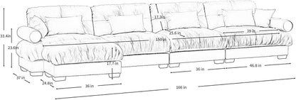 166" Oversized Couch, 4 Seater Modular Sectional Sofa, Beige White Large L Shaped Couches, Fluffy Couches, 4 Seater, Velvet Cloud Couch with Ottoman, Sofas for Living Room