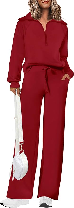 PRETTYGARDEN Women's 2 Piece Outfits Casual Lapel Half Zip Sweatshirts and Wide Leg Pants Tracksuit Sets