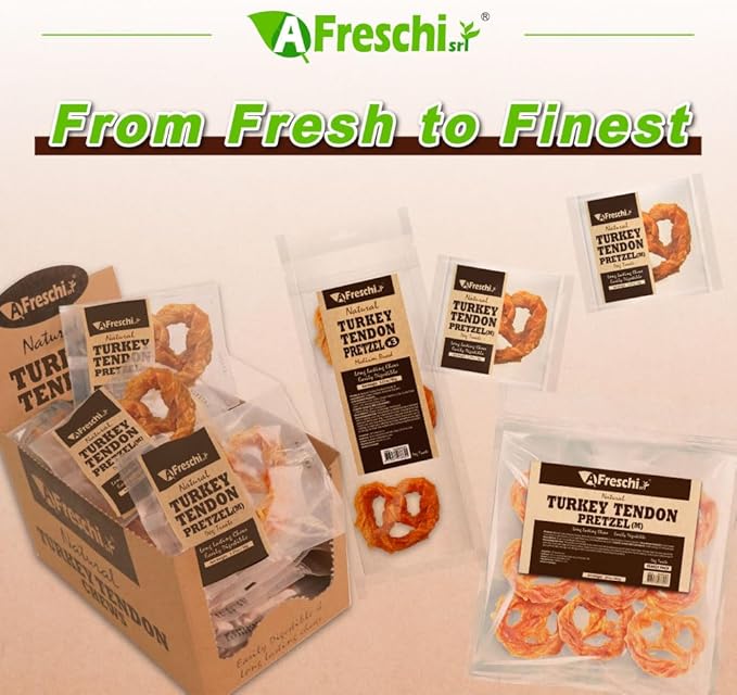 AFreschi Turkey Tendons for Dogs, USA-Sourced, Healthy Dog Treats, Rawhide-Free Puppy Chews, Long Lasting, All Natural, Hypoallergenic Dog Treats for Medium Breeds, 20 Count Box Pretzel (M)