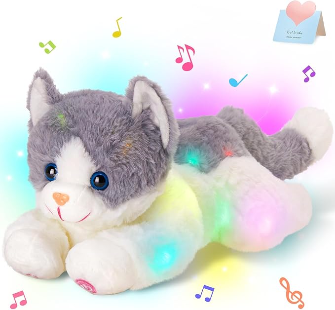 Houwsbaby 15" Gray LED Musical Cat Stuffed Animal Floppy Singing Kitty Light Up Plush Toy Kitten Lullaby Animated Soothe Birthday Festival for Kids Toddlers Girls Boys