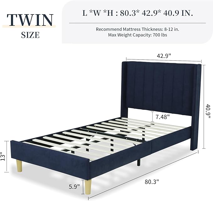 Twin Size Upholstered Platform Bed Frame with Modern Wingback & Vertical Panel Headboard, Linen Fabric, Wooden Legs & Slats Support, No Box Spring Needed, Noise-Free & Easy Assembly, Dark Blue