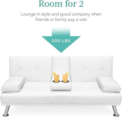 Best Choice Products Faux Leather Upholstered Modern Convertible Futon, Adjustable Folding Sofa Bed, Guest Bed w/Removable Armrests - White