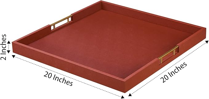 20x20 Inches Large Brown Faux Leather Wrapped Wood Ottoman Tray with Handles for All Occasions, Serving Food Breakfast On Bed, Home Decor Decorative, Living Room,Square Coffee Table Organizer