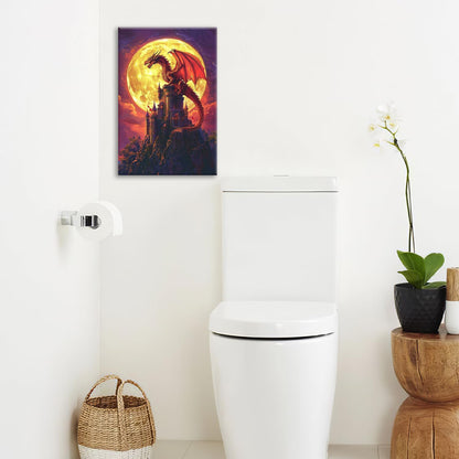 Dragon Bathroom Pictures Wall Art, Red Dragon Castle Bathroom Wall Decor, Framed Painting Canvas Artwork for Bedroom Living Room Decorations 24"L x 16"W