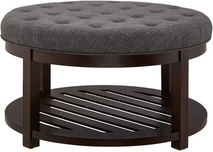 24KF Large Round Upholstered Tufted Linen Ottoman Coffee Table, Large Footrest Ottoman with Wood Shelf Storage,Dark Gray