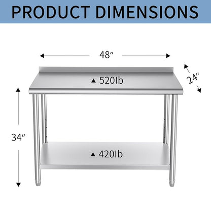 Mioleu Commercial Stainless Steel Table 48 x 24 Inches Heavy Duty Prep & Work Metal Desk with Blacksplash & Adjustable Undershelf for Kitchen Restaurant Home Garage Warehouse